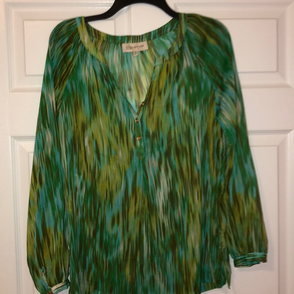 Semi sheer blouse in shades of green and brown
